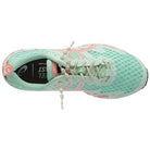 Top view of the ASICS GEL-NOOSA TRI 12 - Womens shoe in mint green with pink accents, beige and white laces, textured mesh upper, orange heel tab with logo, black insole with white branding, and responsive FLYTEFOAM midsole.