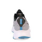 Rear view of the Saucony Ride 15 - Men in gray with black and blue accents, a white sole, and a blue heel pull tab, shown against a plain white background.