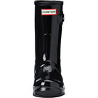 Front view of the Hunter Original Short Gloss Rain Boots for women, featuring a shiny black waterproof design and the signature red and white Hunter logo on the front.