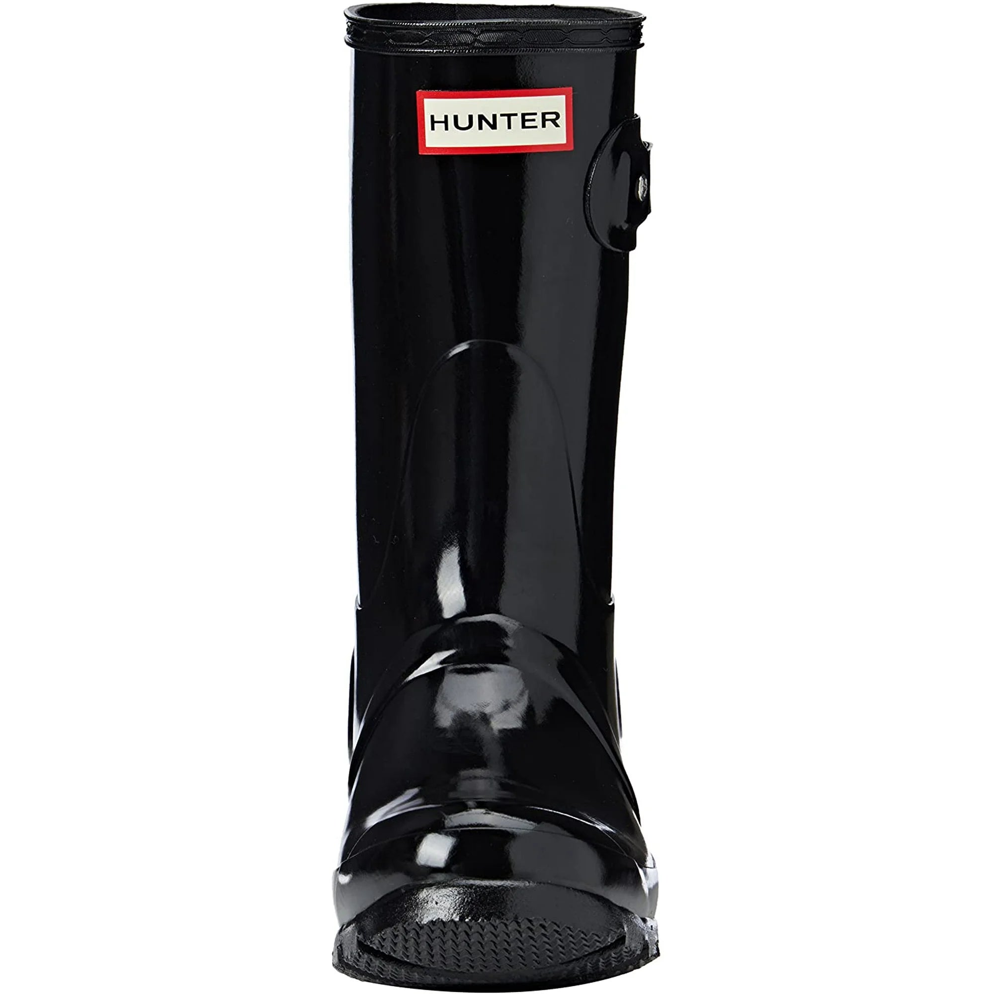 Front view of the Hunter Original Short Gloss Rain Boots for women, featuring a shiny black waterproof design and the signature red and white Hunter logo on the front.