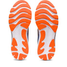 The image shows the soles of ASICS Gel Cumulus 24 - Mens shoes, with a wavy pattern and orange-white rubber sections for traction in this everyday trainer, featuring FF BLAST cushioning.