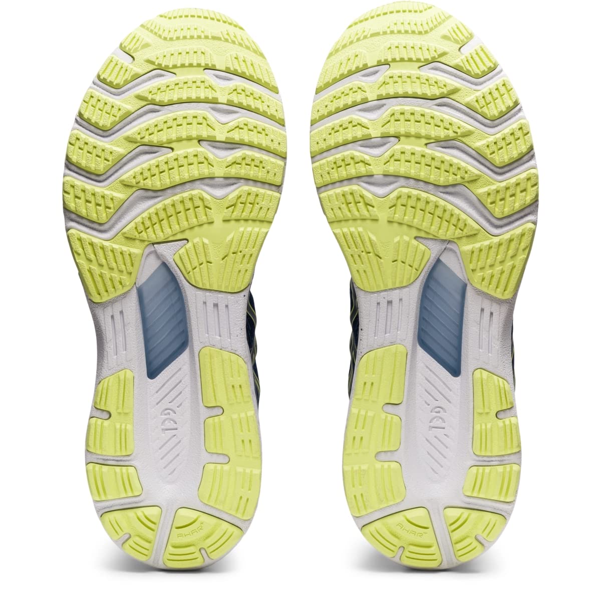 The image shows the yellow and white treaded soles of ASICS Gel Kayano 28 - Mens stability running shoes, viewed from below, highlighting textured patterns, GEL technology, and blue arch support sections.