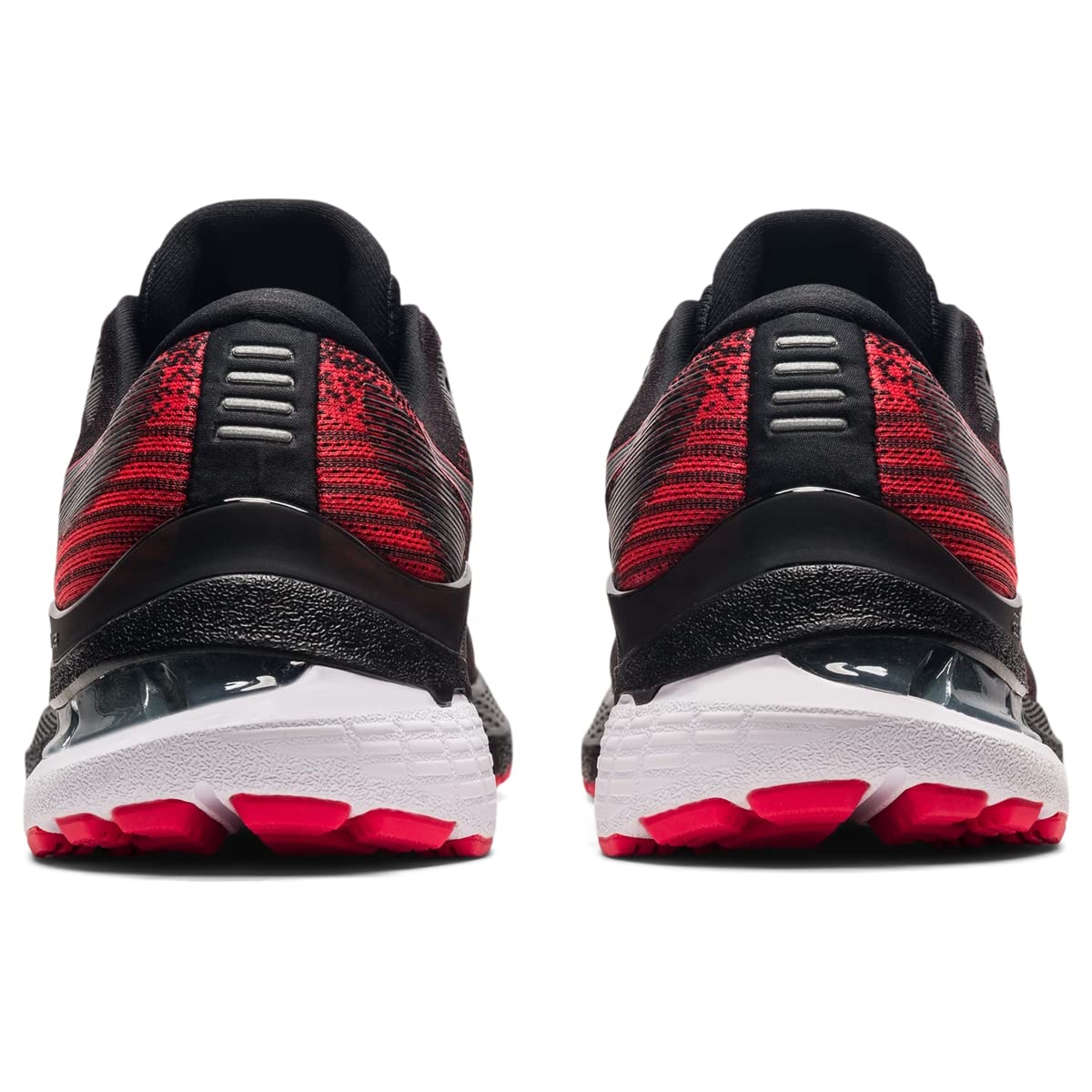 Rear view of ASICS Gel Kayano 28 - Mens stability running shoes with black and red knit uppers, black heels, white midsoles with GEL technology, and red-and-white outsoles.