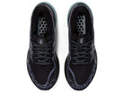 A top view of ASICS Gel Kayano 29 - Mens running shoes in black with blue accents, dark laces, and hexagonal insole pattern. The stability-focused shoes are displayed side by side on a white background.