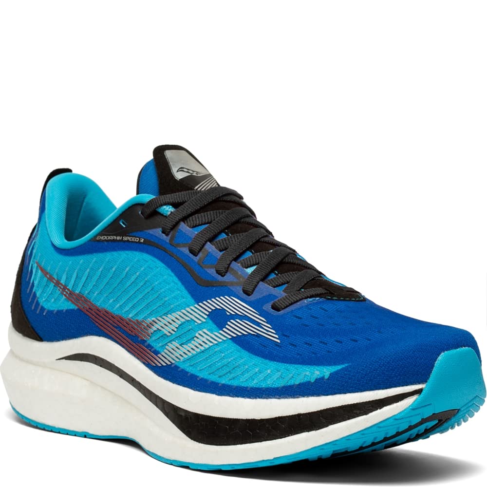 The Saucony Endorphin Speed 2 Running Shoe for men features a blue design with black laces, turquoise and light blue accents, a white and black cushioned sole, SPEEDROLL technology, and a sleek, modern shape with a swooping side detail.