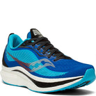 The Saucony Endorphin Speed 2 Running Shoe for men features a blue design with black laces, turquoise and light blue accents, a white and black cushioned sole, SPEEDROLL technology, and a sleek, modern shape with a swooping side detail.