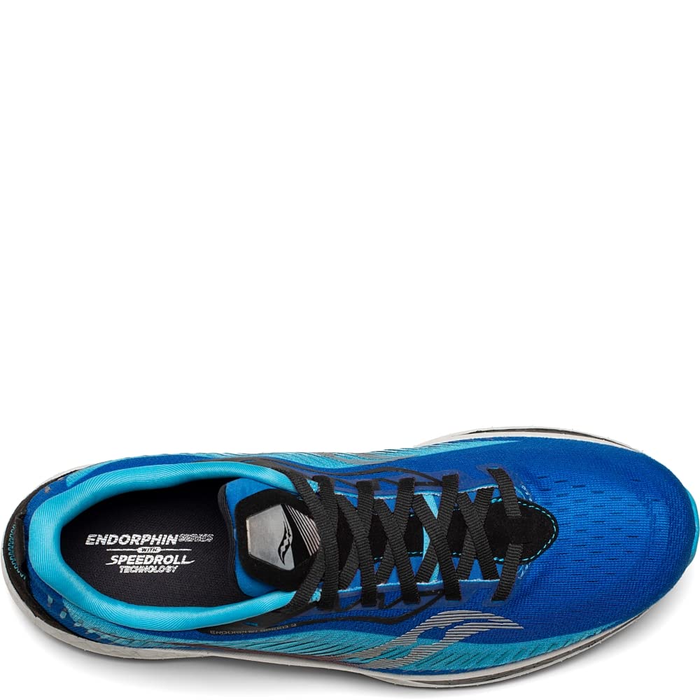 Top view of the Saucony Endorphin Speed 2 Running Shoe - Mens, featuring black laces, Saucony logo on the side, and SPEEDROLL technology text on the insole. The sole is white with black accents.