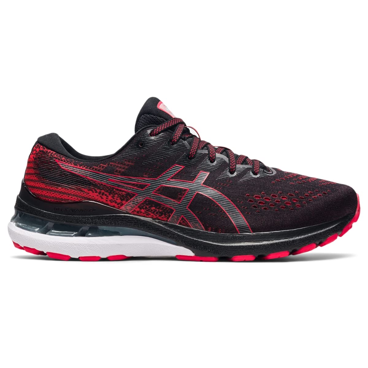 The ASICS Gel Kayano 28 - Mens is a black and red stability running shoe with a white sole, red accents on the upper and outsole, the ASICS logo on the side, and advanced GEL technology for superior comfort.