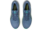 Top view of ASICS Gel Kayano 29 - Mens running shoes in blue with green accents. Featuring laces and hexagonal black and green insoles, these stability shoes are placed side by side on a white background.