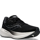 The Saucony Endorphin Speed 3 Running Shoe - Womens features a white midsole, black outsole, wavy silver logo, and breathable mesh upper—ideal for daily training. Displayed on a white background.