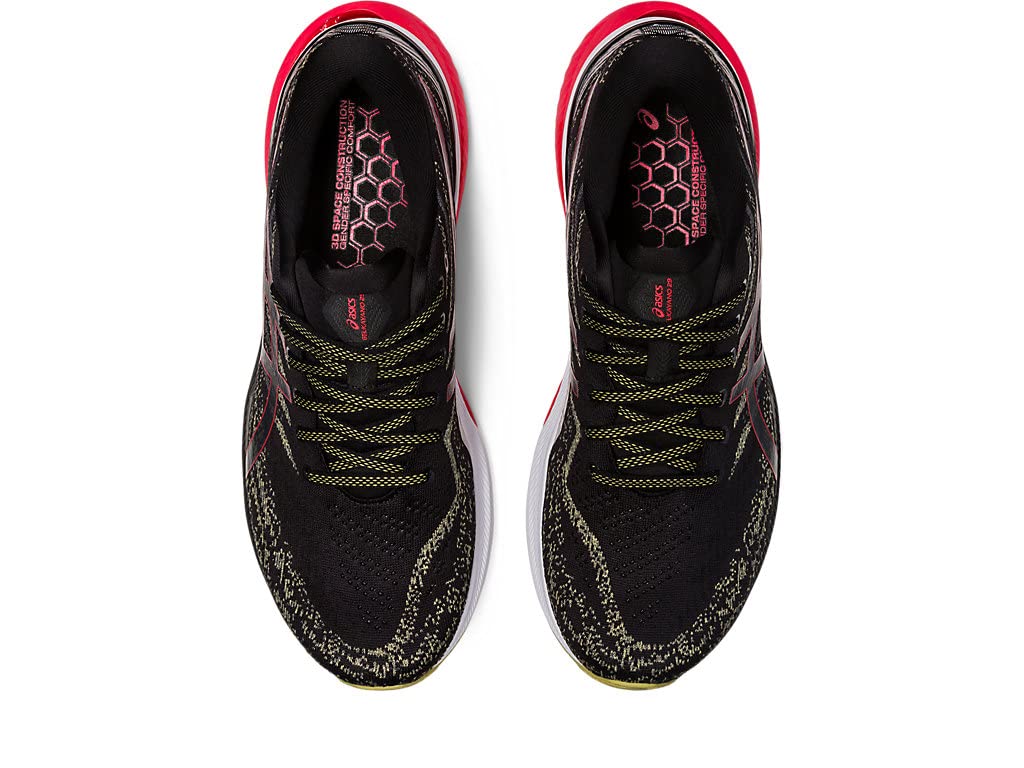 A top-down view of the ASICS Gel Kayano 29 - Mens running shoes shows black uppers with red accents, yellow-green laces, and honeycomb insoles, highlighting their stability. Both shoes are side by side on a white background.