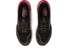 A top-down view of the ASICS Gel Kayano 29 - Mens running shoes shows black uppers with red accents, yellow-green laces, and honeycomb insoles, highlighting their stability. Both shoes are side by side on a white background.