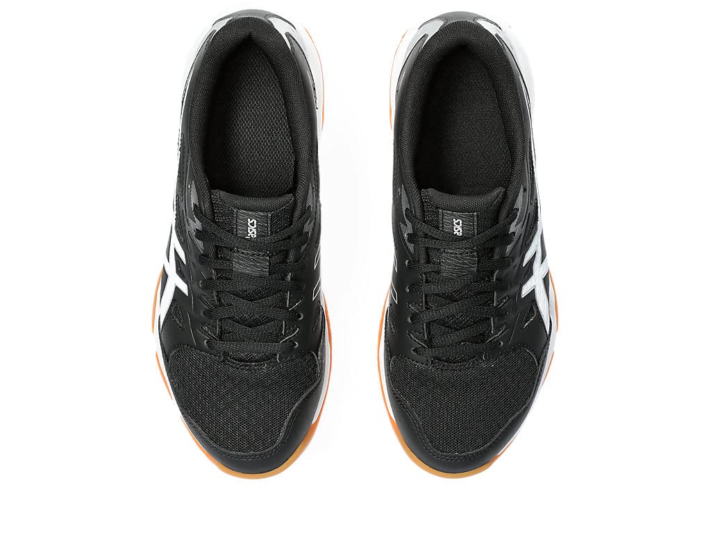 The ASICS Gel-Rocket 11 - Womens, shown from above in black with white stripes and orange outsoles on a white background, is designed for enhanced stability on indoor courts.