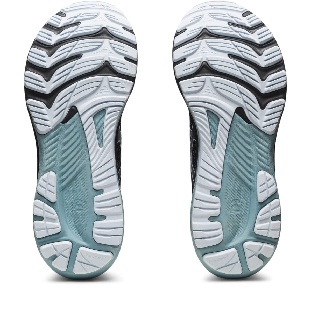The image shows the clean, unworn outsoles of ASICS Gel Kayano 29 - Mens running shoes, featuring a white, black, and light blue pattern for grip, stability, and support.