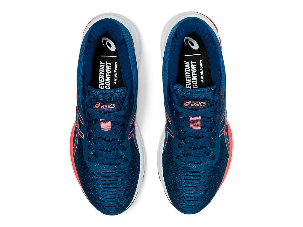 Top view of a pair of blue ASICS GEL-PULSE 12 - Womens running shoes with white soles and pink accents. Featuring an engineered mesh upper and AmpliFoam midsole, the shoes are placed side by side on a white background.