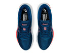 Top view of a pair of blue ASICS GEL-PULSE 12 - Womens running shoes with white soles and pink accents. Featuring an engineered mesh upper and AmpliFoam midsole, the shoes are placed side by side on a white background.