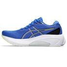 The ASICS Gel-Kayano 30 - Mens is a blue running shoe with white and black accents, a cushioned sole, and light green outsole, ideal for distance training. Shown in side profile against a white background.