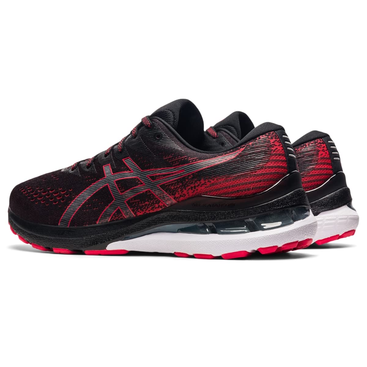 A pair of ASICS Gel Kayano 28 - Mens stability running shoes in black and red, featuring white midsoles and pink outsoles, are displayed side by side at an angle on a white background.
