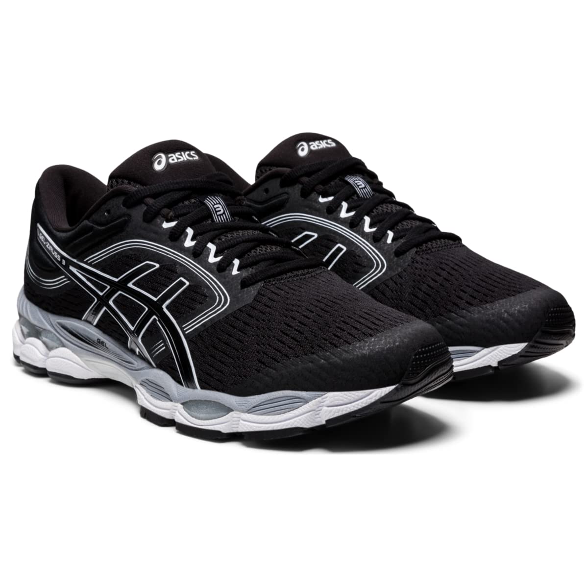 A pair of ASICS Gel-Ziruss 3 mens running shoes in black with white soles and silver accents, shown from the front left angle.