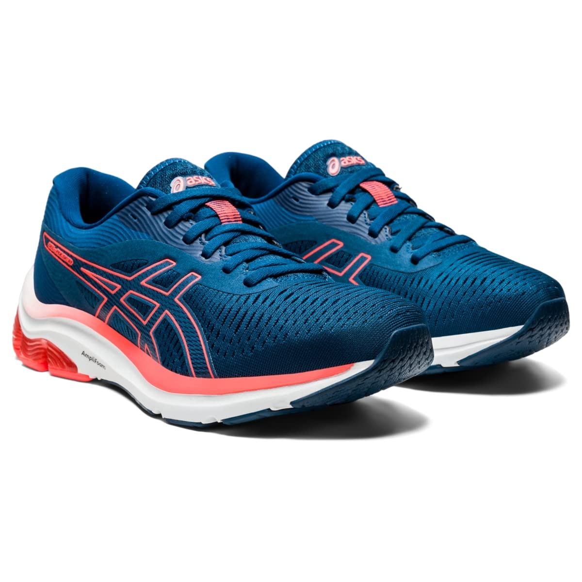 A pair of ASICS GEL-PULSE 12 - Womens blue running shoes with pink accents, engineered mesh uppers, white midsoles, and black outsoles, displayed side by side on a white background.