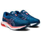 A pair of ASICS GEL-PULSE 12 - Womens blue running shoes with pink accents, engineered mesh uppers, white midsoles, and black outsoles, displayed side by side on a white background.