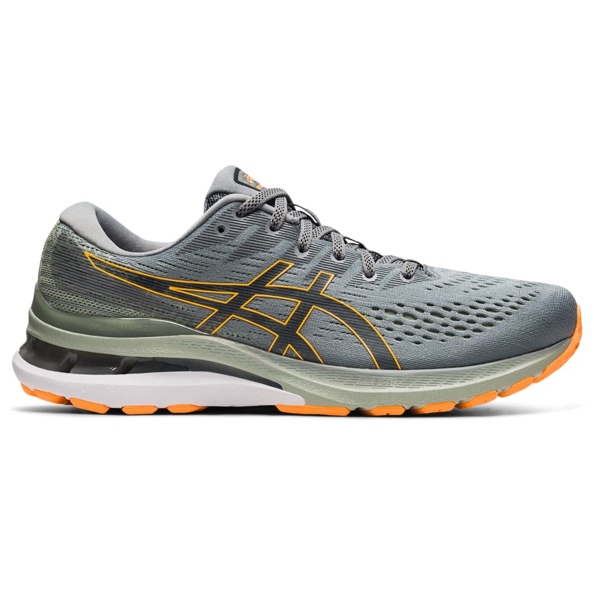 The ASICS Gel Kayano 28 - Mens is a grey running shoe with orange accents, green midsole, white and black heel detailing, and mesh upper—perfect for stability runners seeking advanced GEL technology.