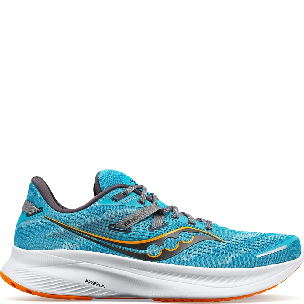 The Saucony Guide 16 Running Shoe for men features a bright blue mesh upper, gray laces, white sole, orange outsole, and yellow, black, and gray accents. Cushioned for comfort and breathability with signature Saucony branding.
