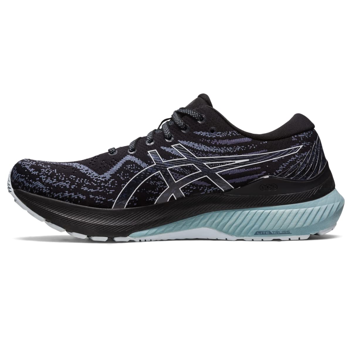The ASICS Gel Kayano 29 - Mens is a black and blue running shoe featuring a patterned mesh upper, white and silver accents, and a thick, cushioned light blue and black sole for added stability.