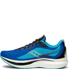 The Saucony Endorphin Speed 2 Running Shoe for men features a sleek gradient blue upper, light blue inner lining, black and white accents, and responsive SPEEDROLL technology for a smooth ride.