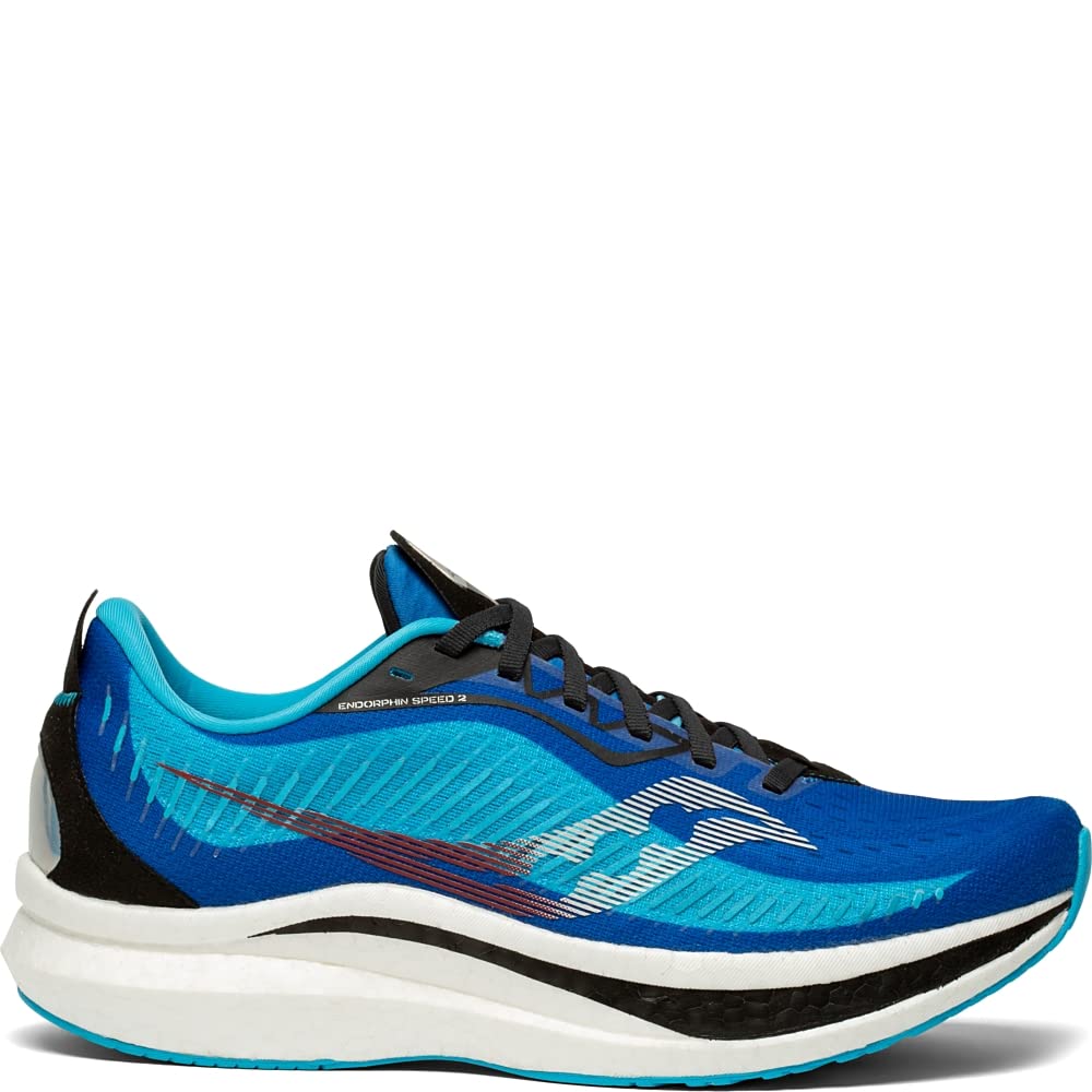 The Saucony Endorphin Speed 2 Running Shoe for men features a mesh upper in gradient blue, black laces, white logo and midsole, light blue outsole, sleek modern design, and innovative SPEEDROLL technology.