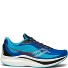 The Saucony Endorphin Speed 2 Running Shoe for men features a mesh upper in gradient blue, black laces, white logo and midsole, light blue outsole, sleek modern design, and innovative SPEEDROLL technology.
