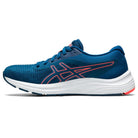 The ASICS GEL-PULSE 12 - Womens features a blue engineered mesh upper for breathability, a white sole, and red accents including a side logo. This low-top running shoe combines comfort with stylish details.