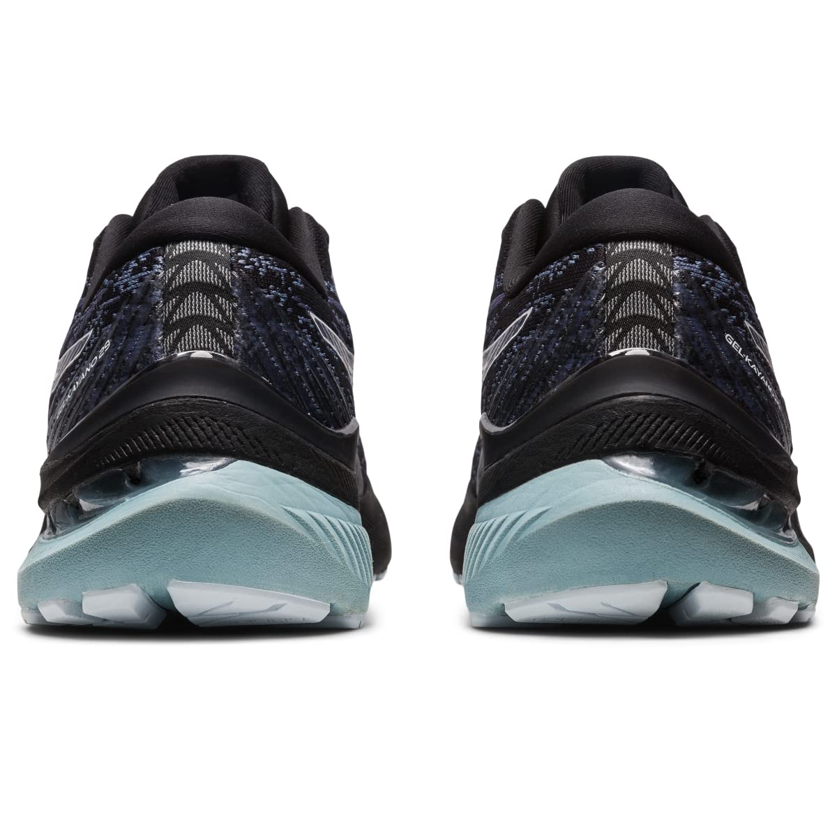 A rear view of a pair of ASICS Gel Kayano 29 - Mens running shoes in black and blue with light blue soles, showing heel and tread details for stability, placed side by side on a white background.