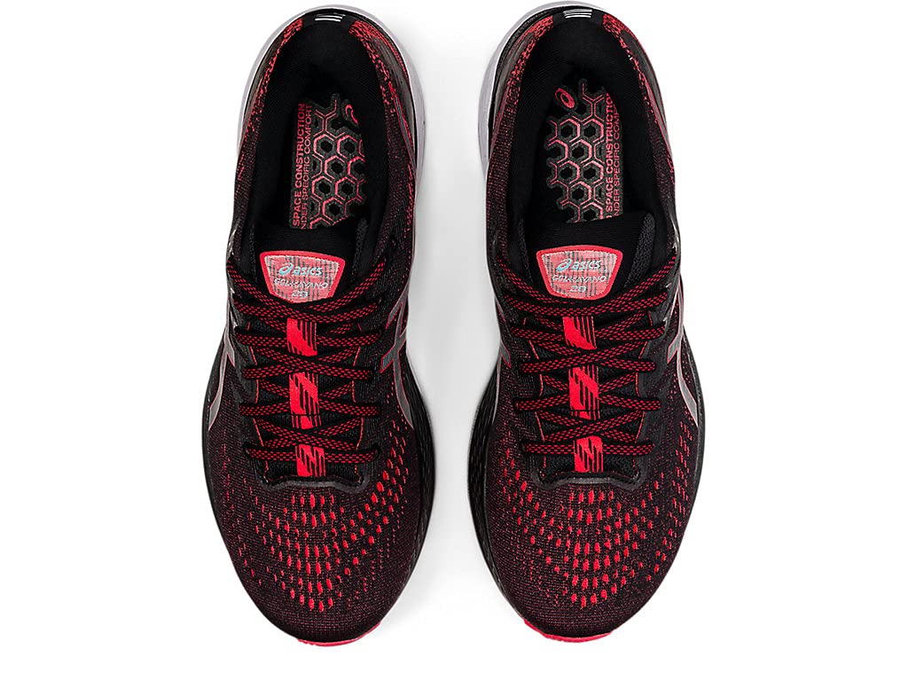 A pair of ASICS Gel Kayano 28 - Mens stability running shoes in black with red accents and laces are viewed from above, featuring a honeycomb insole pattern and GEL technology for comfort.