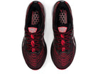 A pair of ASICS Gel Kayano 28 - Mens stability running shoes in black with red accents and laces are viewed from above, featuring a honeycomb insole pattern and GEL technology for comfort.