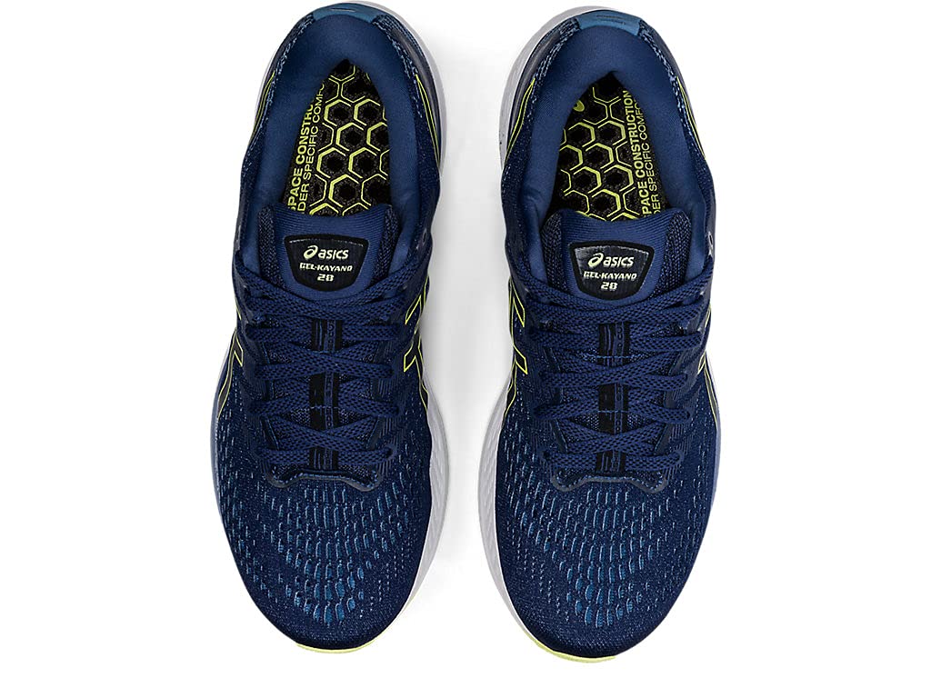 Top view of ASICS Gel Kayano 28 - Mens navy stability running shoes, featuring GEL technology with yellow hexagonal insole patterns and white and yellow detailing on the sides.
