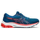 The ASICS GEL-PULSE 12 - Womenss running shoe features a blue engineered mesh upper with coral and white accents, an AmpliFoam-cushioned sole, and visible gel heel padding for comfort and support.