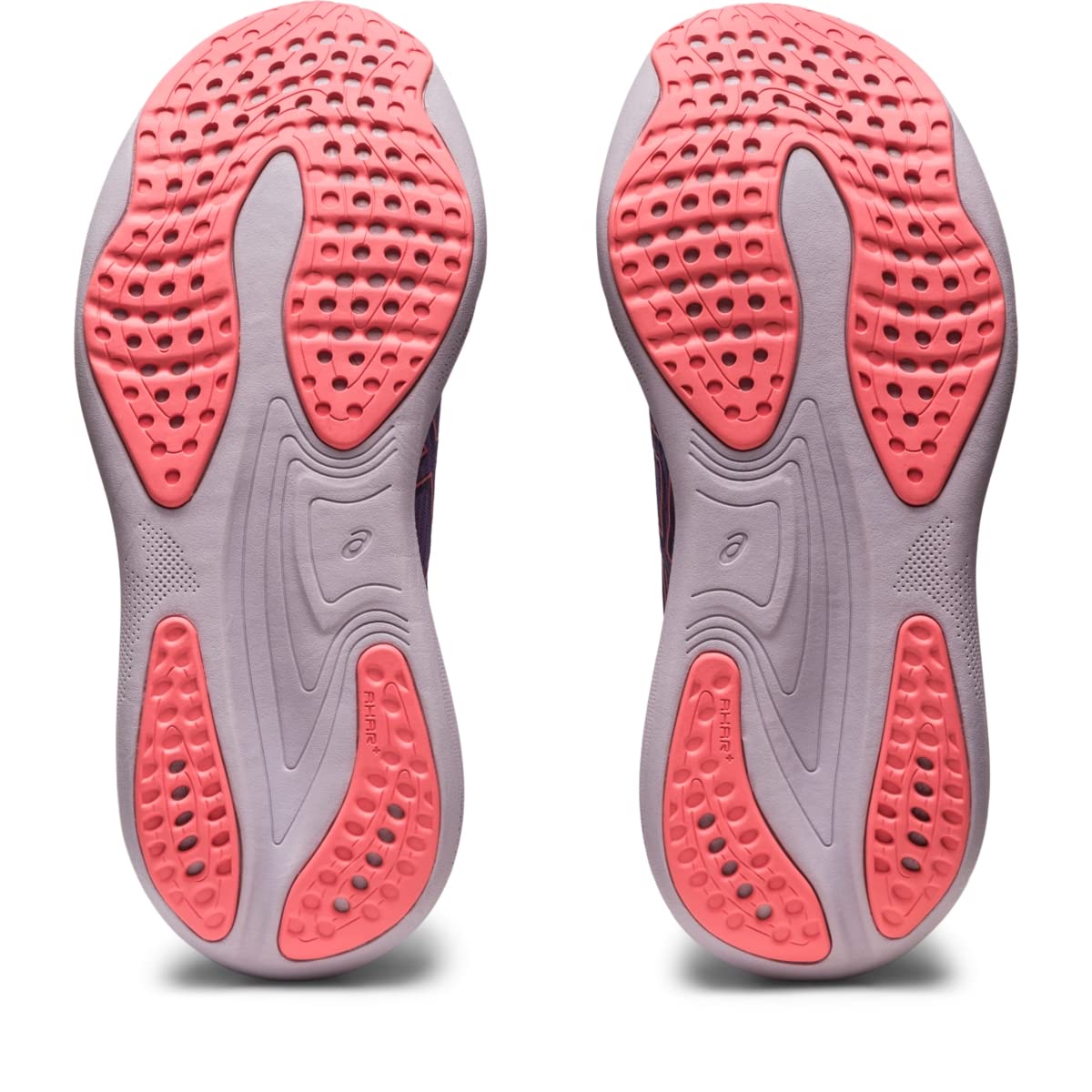 The ASICS Gel Nimbus 25 Womens shoes feature light gray soles with pink textured rubber grips, curved patterns, and the ASICS logo near the arch, offering lightweight cushioning ideal for running.
