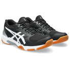 The ASICS Gel-Rocket 11 - Womens shoes feature black mesh uppers, white accents, and orange rubber soles for excellent stability, shown against a white background.