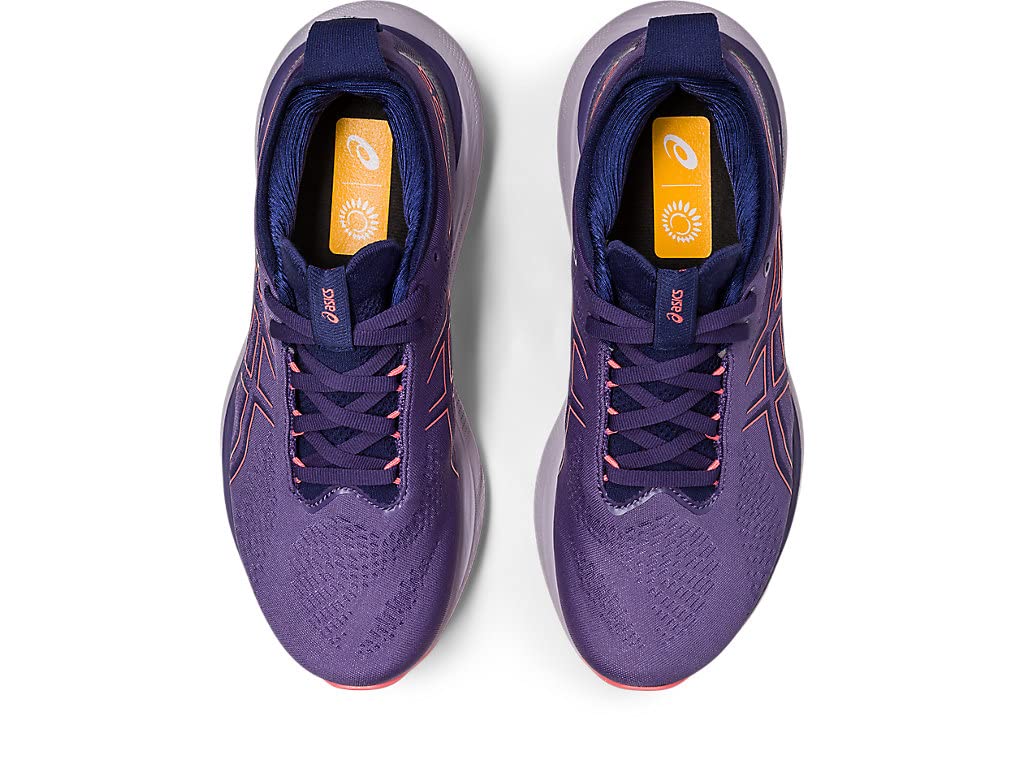 Top view of ASICS Gel Nimbus 25 - Womens in purple with dark laces, orange insoles, and yellow sun logo—lightweight cushioning makes them perfect for your next run.