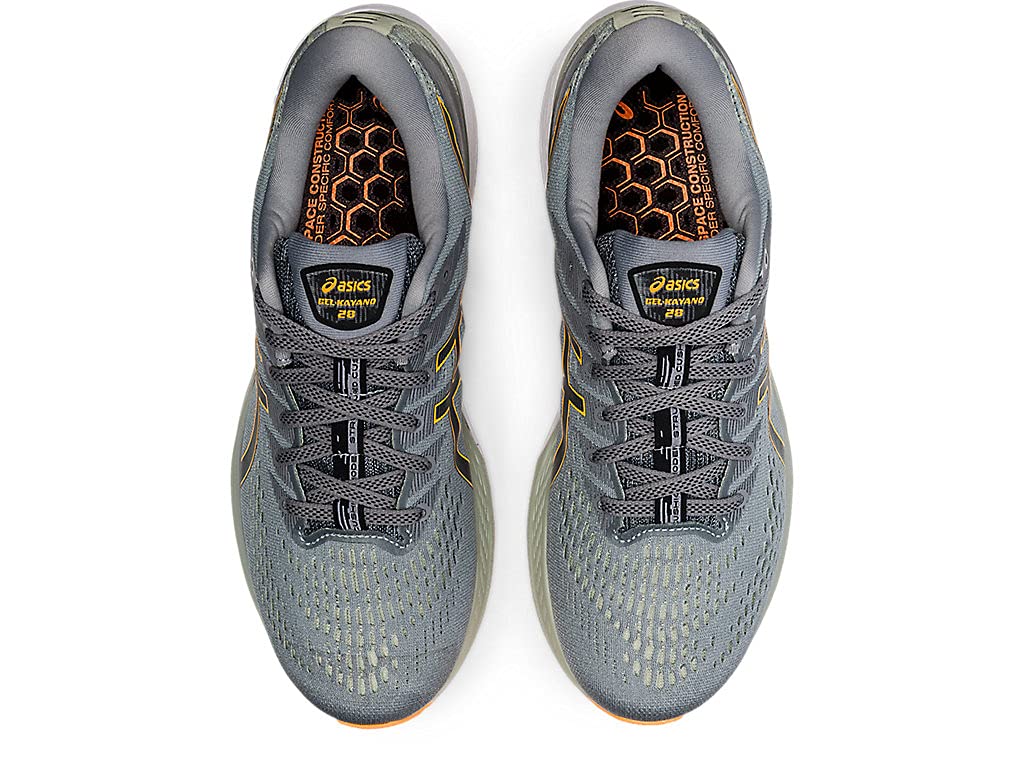 Top view of a pair of mens ASICS Gel Kayano 28 stability running shoes in gray with orange accents, featuring GEL technology, a honeycomb-patterned insole, and mesh detailing at the toe.