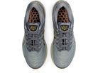 Top view of a pair of mens ASICS Gel Kayano 28 stability running shoes in gray with orange accents, featuring GEL technology, a honeycomb-patterned insole, and mesh detailing at the toe.