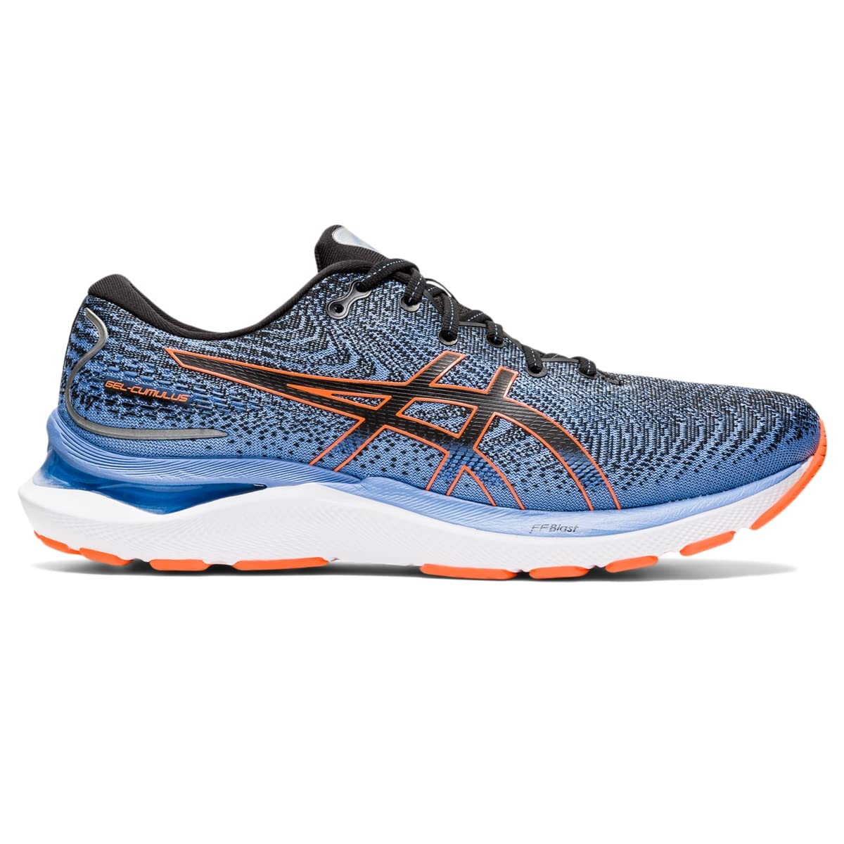 The ASICS Gel Cumulus 24 - Mens is a blue and gray running shoe with orange accents, a white midsole, orange outsole, FF BLAST cushioning, black laces, and the ASICS logo on the side—ideal as an everyday trainer.