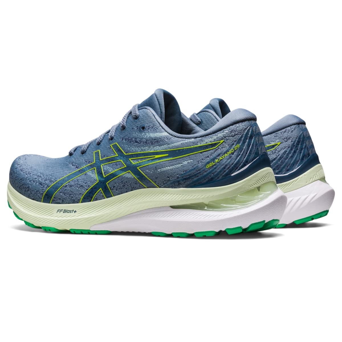 A pair of mens ASICS Gel Kayano 29 running shoes in blue with neon green and yellow accents, white sole, and green tread, shown at an angle to display the side and back for optimal stability.