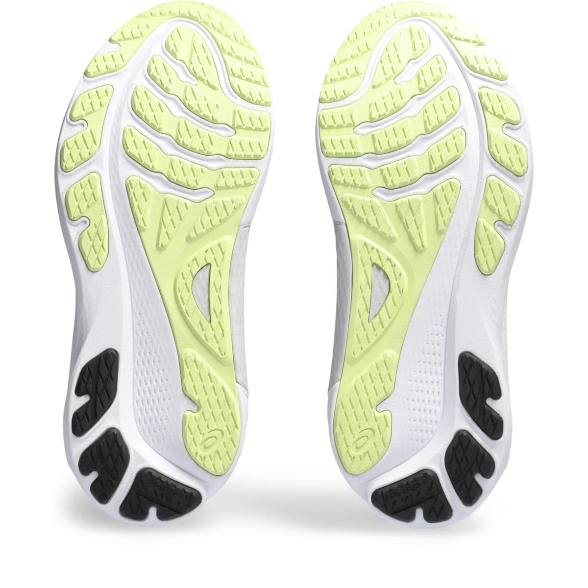 The image displays the soles of ASICS Gel-Kayano 30 - Mens shoes, featuring light green and black rubber treads on a white base for enhanced grip and flexibility. The shoes are side by side with toes pointing upward.