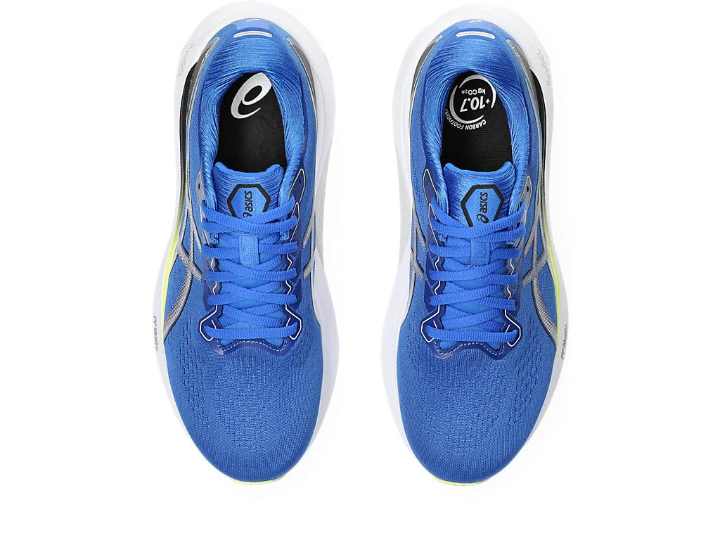 A pair of mens ASICS Gel-Kayano 30 stability running shoes in bright blue with white soles, black detailing, blue laces, and the ASICS logo on the insoles—ideal for distance training.