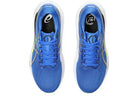 A pair of mens ASICS Gel-Kayano 30 stability running shoes in bright blue with white soles, black detailing, blue laces, and the ASICS logo on the insoles—ideal for distance training.