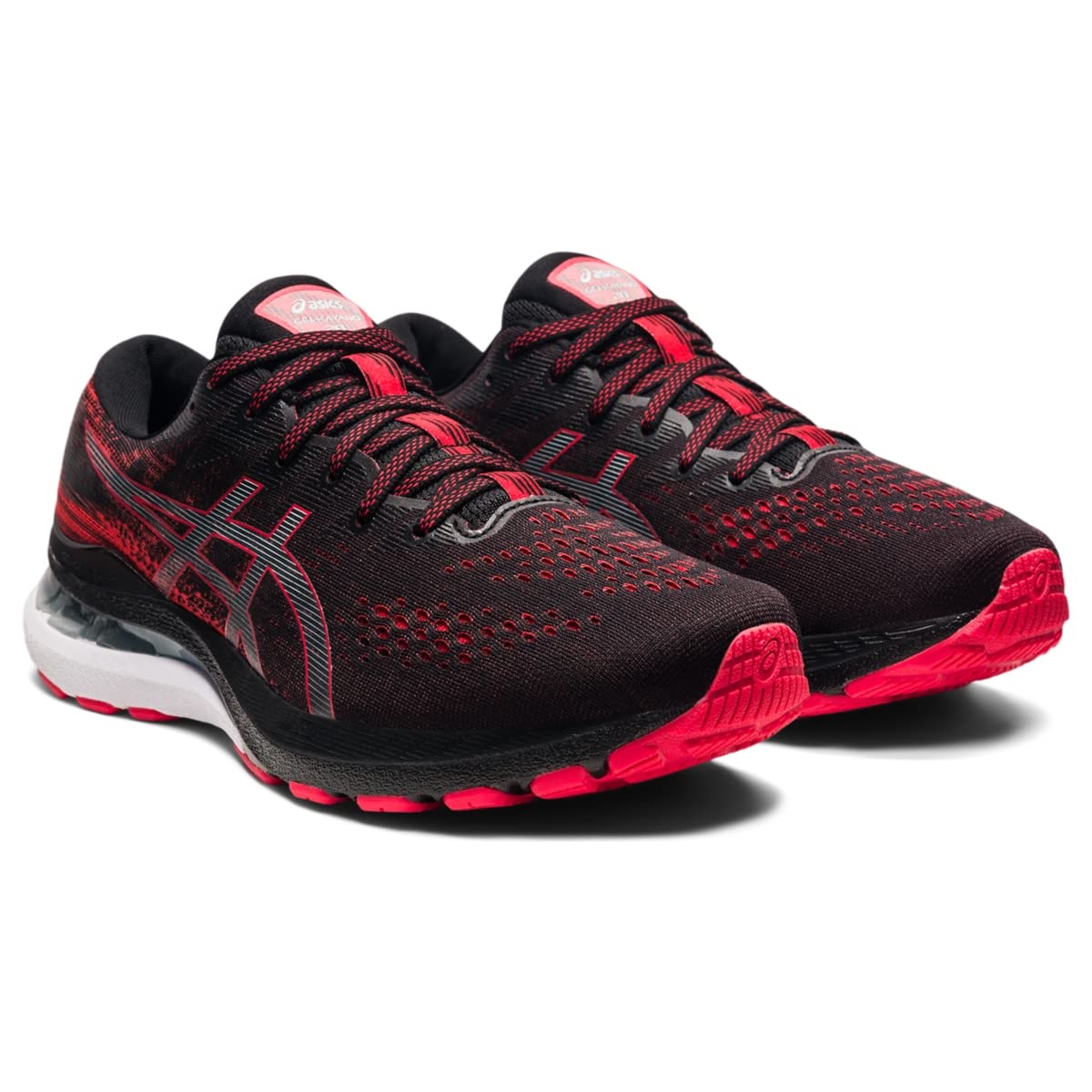 The ASICS Gel Kayano 28 - Mens in black and red features mesh uppers, red accents on the soles, tongues, and heels, the ASICS logo on the sides, and advanced GEL technology for superior comfort.