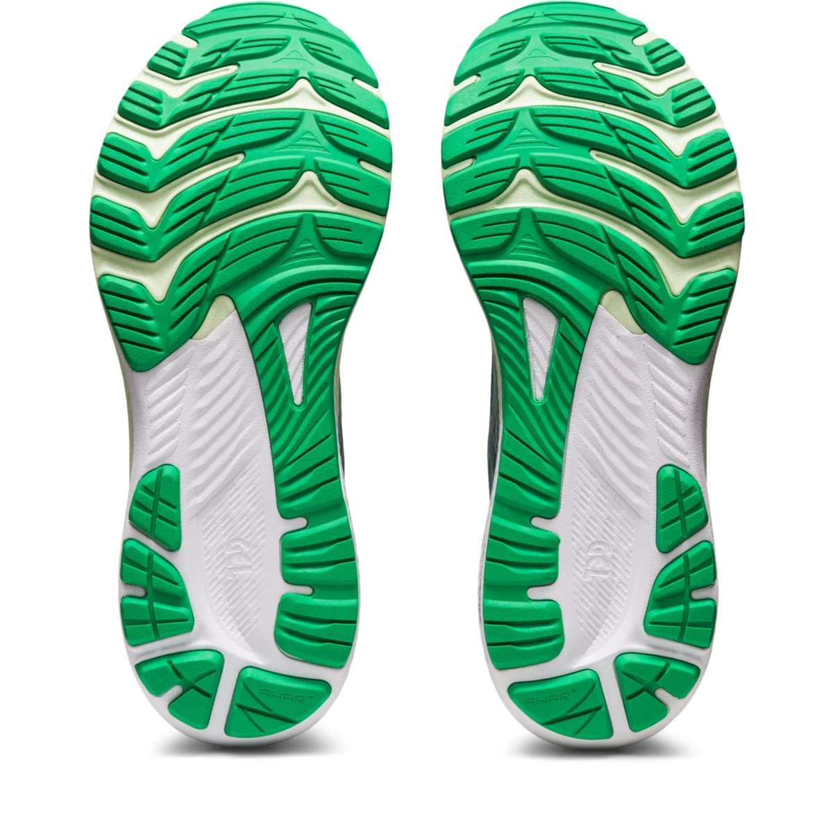 The image displays the soles of ASICS Gel Kayano 29 - Mens running shoes, featuring green and white tread with teal accents. The grooves and textured patterns provide enhanced traction and stability for runners.