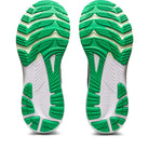 The image displays the soles of ASICS Gel Kayano 29 - Mens running shoes, featuring green and white tread with teal accents. The grooves and textured patterns provide enhanced traction and stability for runners.